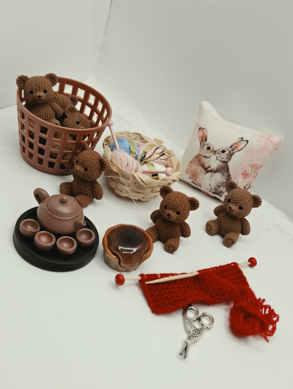 Tiny Teddy Tea & Stitch Club Dollhouse Miniature Lot plus free mystery bag.